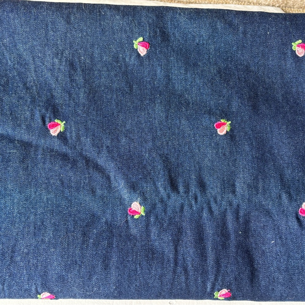 Medium weight Blue Denim Fabric with Pink heart/flower embroidery